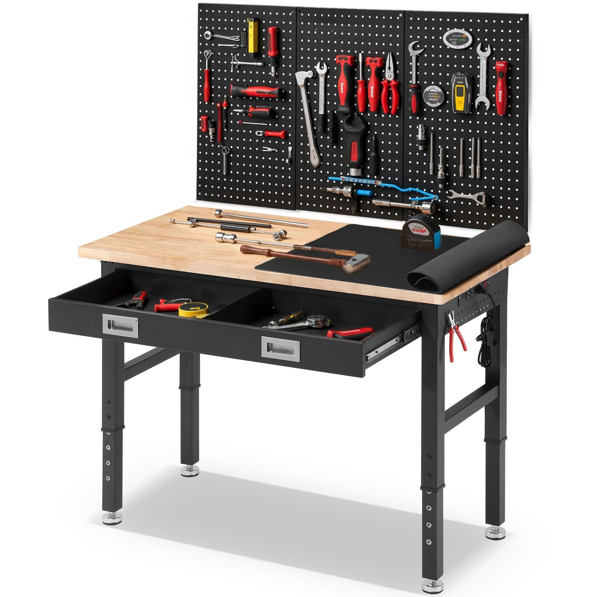ENJOYWOOD Workbench for Garage with Drawers 48 x 24 Inch Rubberwood Tabletop Work Table with Pegboard, Power Outlets Adjustable Height Work Bench for Woodworking Shop, Home, Office ENJOYWOOD