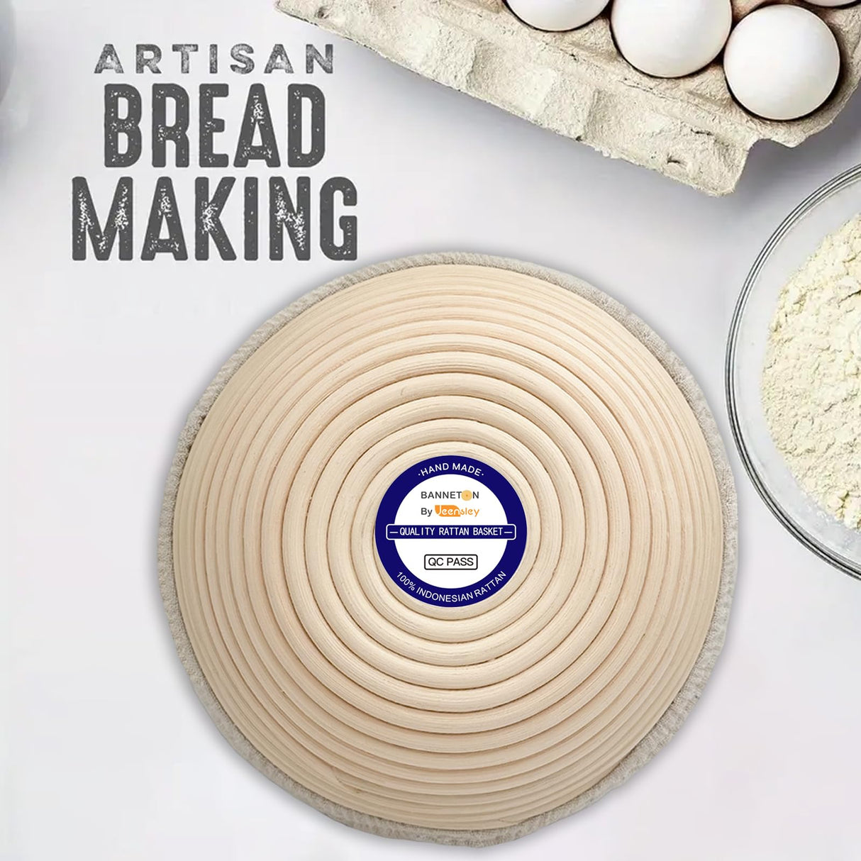 Jeensley Boxed Sourdough Bread Proofing Basket with 2025 Brochure Round Banneton Bowl with Liner and Bread Making Tools Handmade from Quality Natural Indonesian Rattan Bread Baking Supplies Jeensley