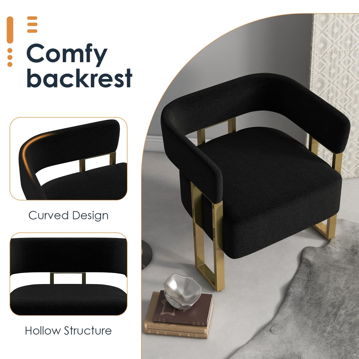 AODAILIHB Mid Century Sherpa Boucle Accent Chair Set of 2, Modern Upholstered Armchair Black Bucket Chair Comfy Side Chair Arm Chairs for Living Room, Office, Club, Reading Nook (2, Black) AODAILIHB