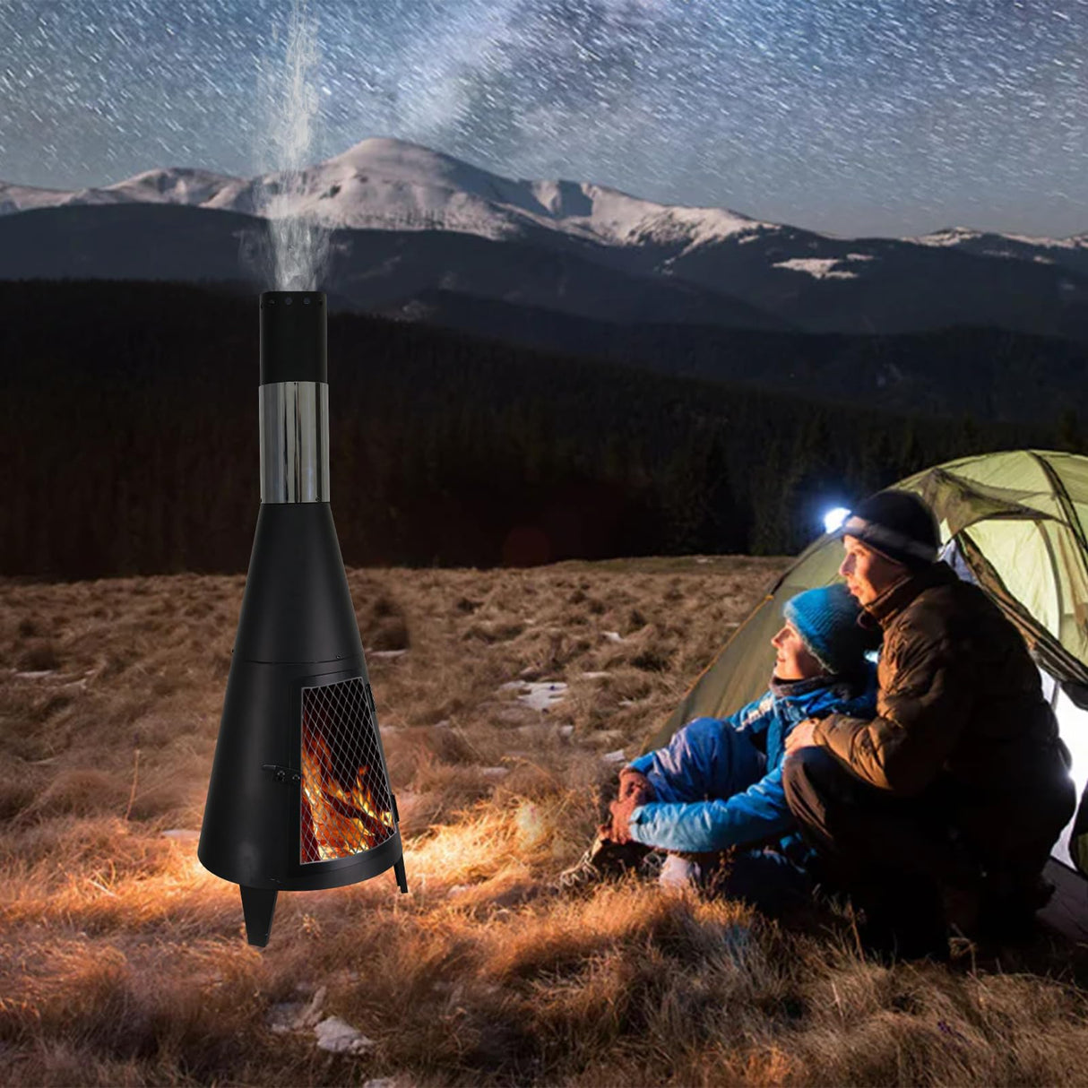 BDL Chiminea Outdoor Fireplace Outdoor Wood Burning Fire Pit Free Standing Fireplace with Log Grate, Mesh Screen for Patio, Backyard, Garden-Black BDL