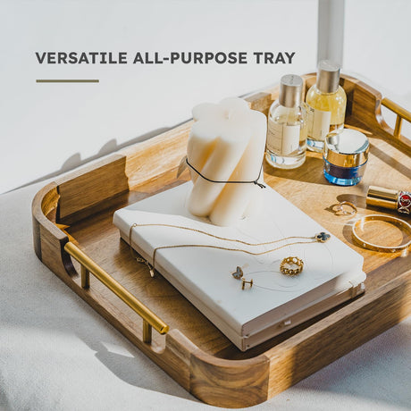 UPPER Ottoman Tray 17x13 Inches Acacia Wood Serving Tray with Handles, Decorative Serving Tray with Handles, Wooden Serving Tray for Ottoman, Coffee Table Tray, Breakfast Tray Anti-Skid Pad Included Upper