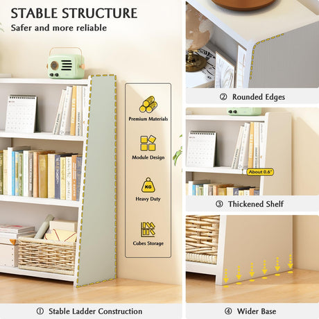 IOTXY Modular White 3-Tier Extendable Ladder Bookshelf for Small Spaces IOTXY