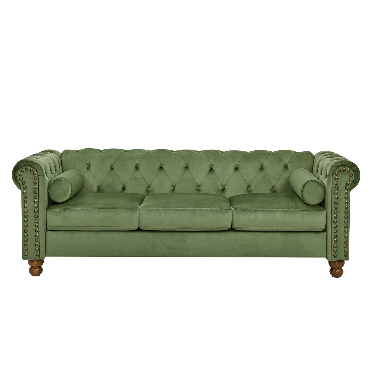 Asucoora Tufted Velvet Sofa Couch for Living Room, Rolled Arm 3-Seater Sofa Couch with Nailhead Trim and 2 Neck Roll Pillows, Small Apartment Chesterfield Sofa Green Asucoora