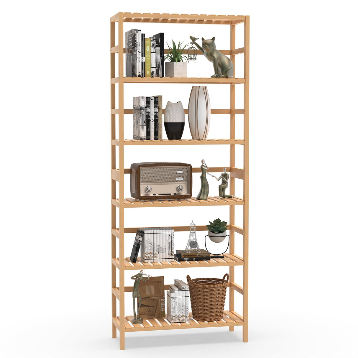 VASMIA Bookshelf,6 Tier Bamboo Adjustable Bookshelves,Tall Bookcase Shelf Storage Organizer,Free Standing Storage Shelving Unit for Living Room,Bedroom,Bathrrom and Home Office,Natural VASMIA