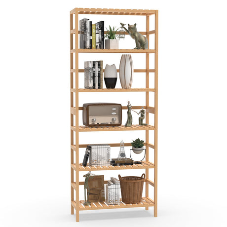 VASMIA Bookshelf,6 Tier Bamboo Adjustable Bookshelves,Tall Bookcase Shelf Storage Organizer,Free Standing Storage Shelving Unit for Living Room,Bedroom,Bathrrom and Home Office,Natural VASMIA