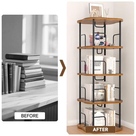 TEROL 4-Tier Rotating Book Shelf, 360° Display Spinning Bookshelf Tower, Book Organizer, Floor Standing Bookcases for Small Space, Corner Book Shelf for Bedroom, Living Room, Study Room (RUSTIC BROWN) TEROL