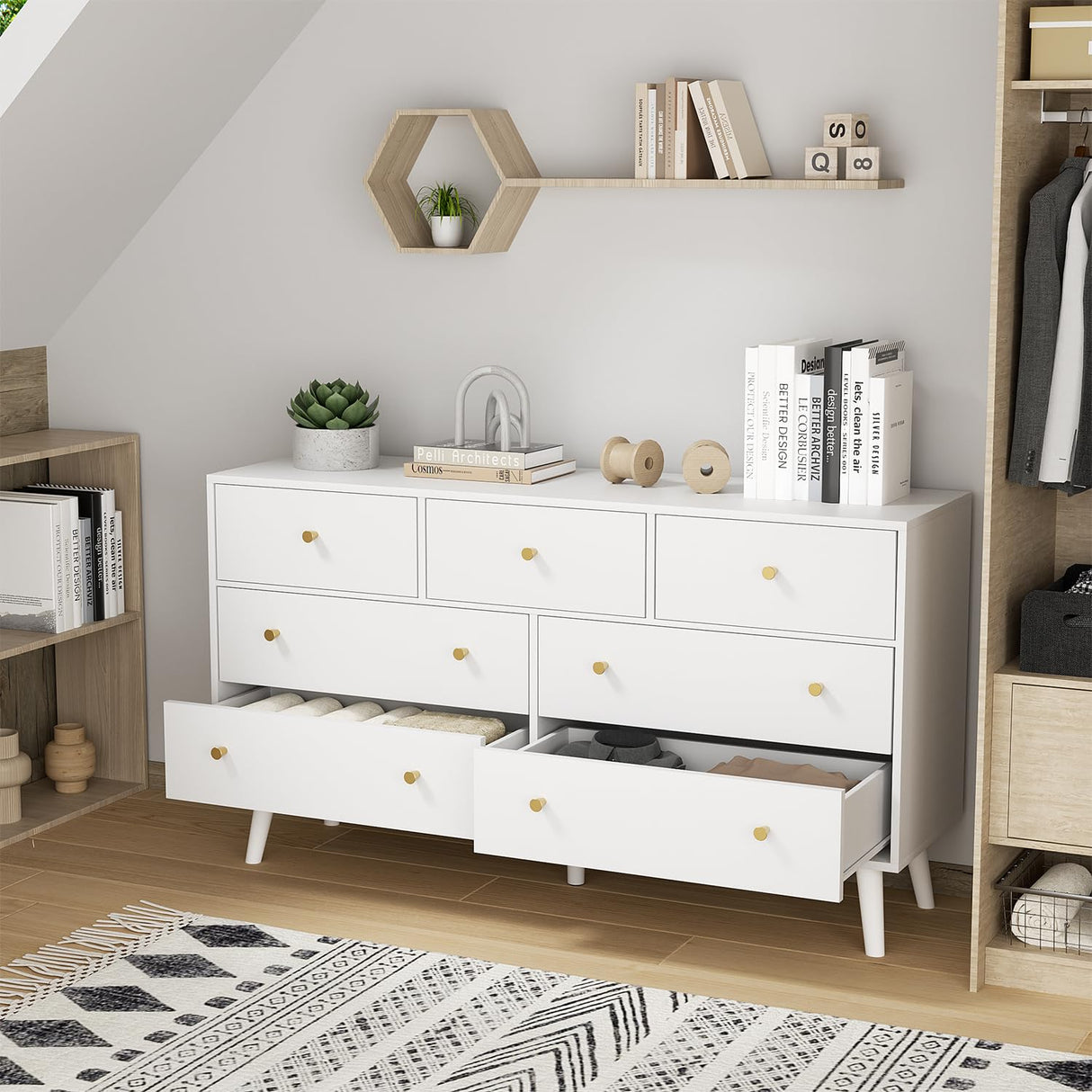 HOUROM White Dresser for Bedroom, Dresser with 7 Drawers, Wood Dressers & Chests of Drawers, Modern Double Dresser with Wide Drawer and Metal Handles HOUROM