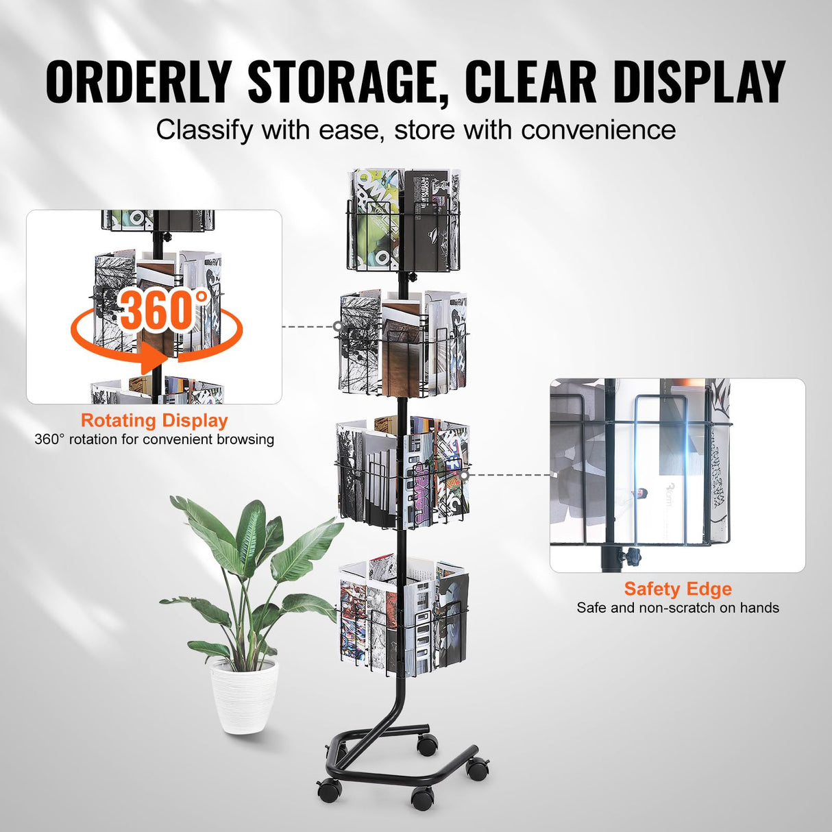 VEVOR Brochure Display Rack, 4-Tier 32 Pockets Rotating Magazine Literature Display Stand for Postcards, 360° Spinning Greeting Cards Rack with 5 Wheels (2 Lockable) for Shop Exhibitions Office VEVOR