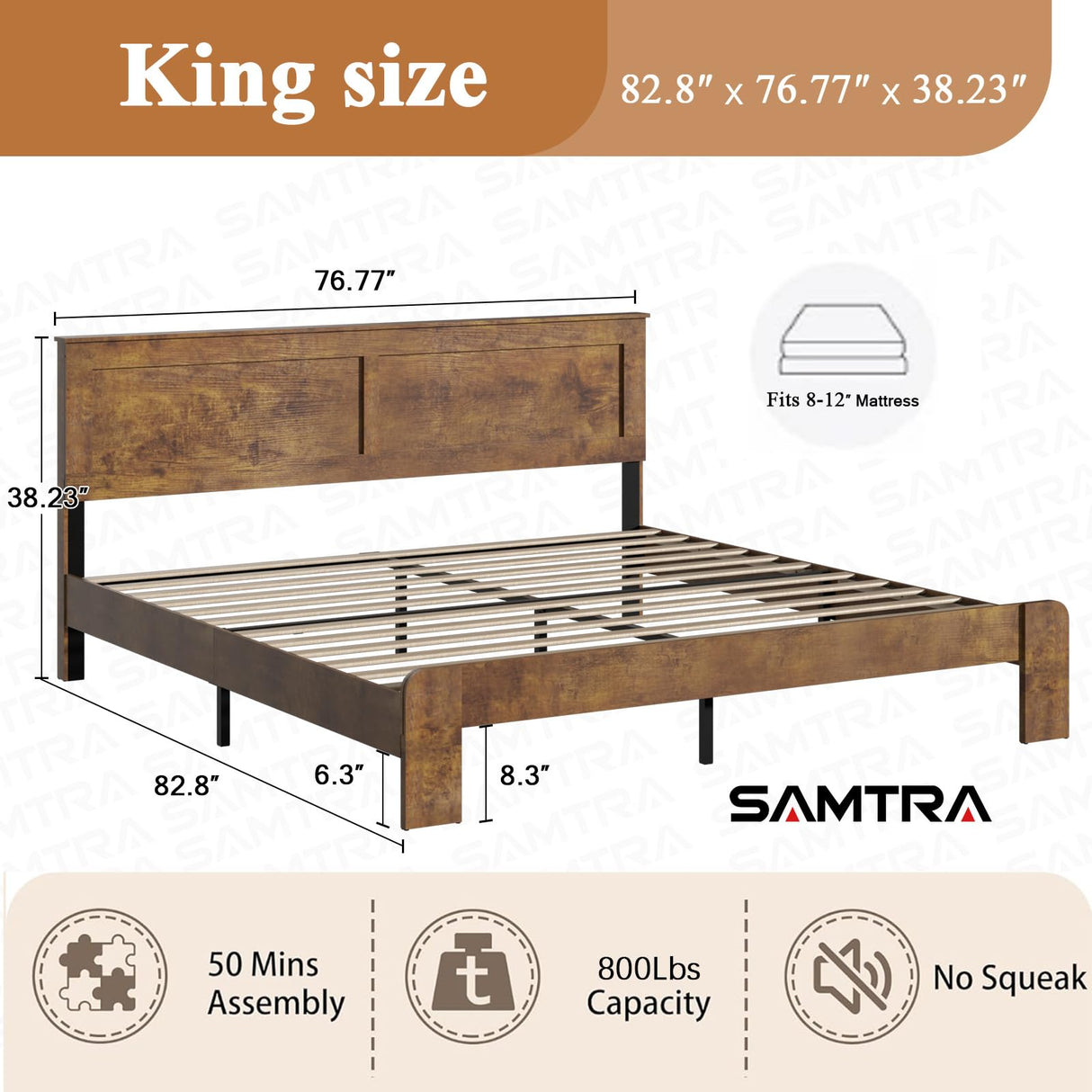 SAMTRA Wooden Bed Frame King Size with Headboard, Farmhouse Platform Bedframe with Wood Slat Support, Sturdy Framework Bed Frame, Easy Assembly (Rustic Brown) SAMTRA
