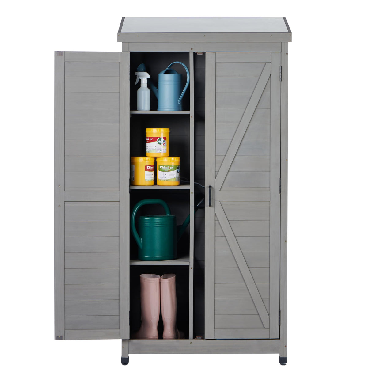 68''x33''x20'' Outdoor Wooden Storage Shed with Metal Top Tall Vertical Tool Cabinet for Backyard Garden Patio Lawn (Grey) Mederlo