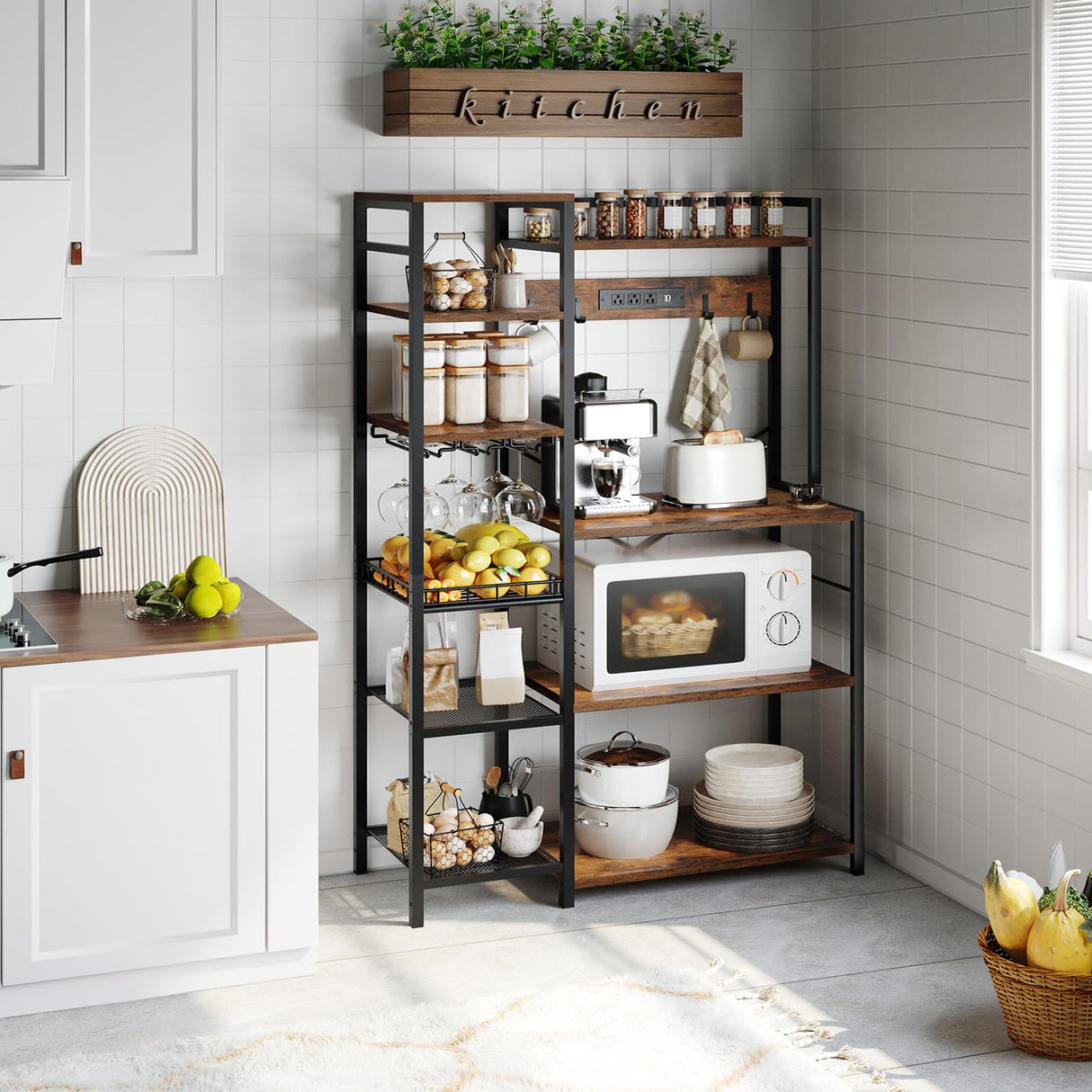 HOOBRO Bakers Rack with Power Outlet, 35.8 Inches Kitchen Microwave Oven Stand Storage Shelf with Goblet Holder, Coffee Bar with LED Lights, and Wire Basket, Rustic Brown and Black BF90UDHB01 HOOBRO