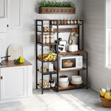 HOOBRO Bakers Rack with Power Outlet, 35.8 Inches Kitchen Microwave Oven Stand Storage Shelf with Goblet Holder, Coffee Bar with LED Lights, and Wire Basket, Rustic Brown and Black BF90UDHB01 HOOBRO