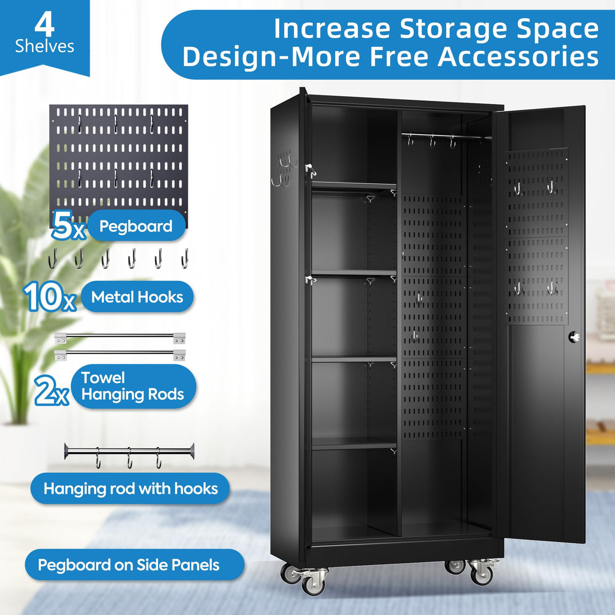 GangMei Garage Storage Cabinet with Wheels and 5 Pegboard, Broom Closet Storage Cabinet with Hanging Rod and 13 Hooks, Metal Cabinets with 4 Shelves for Garage, Home, 71"H x 31.5"W x 15.75"D, Black GangMei