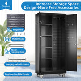 GangMei Garage Storage Cabinet with Wheels and 5 Pegboard, Broom Closet Storage Cabinet with Hanging Rod and 13 Hooks, Metal Cabinets with 4 Shelves for Garage, Home, 71"H x 31.5"W x 15.75"D, Black GangMei