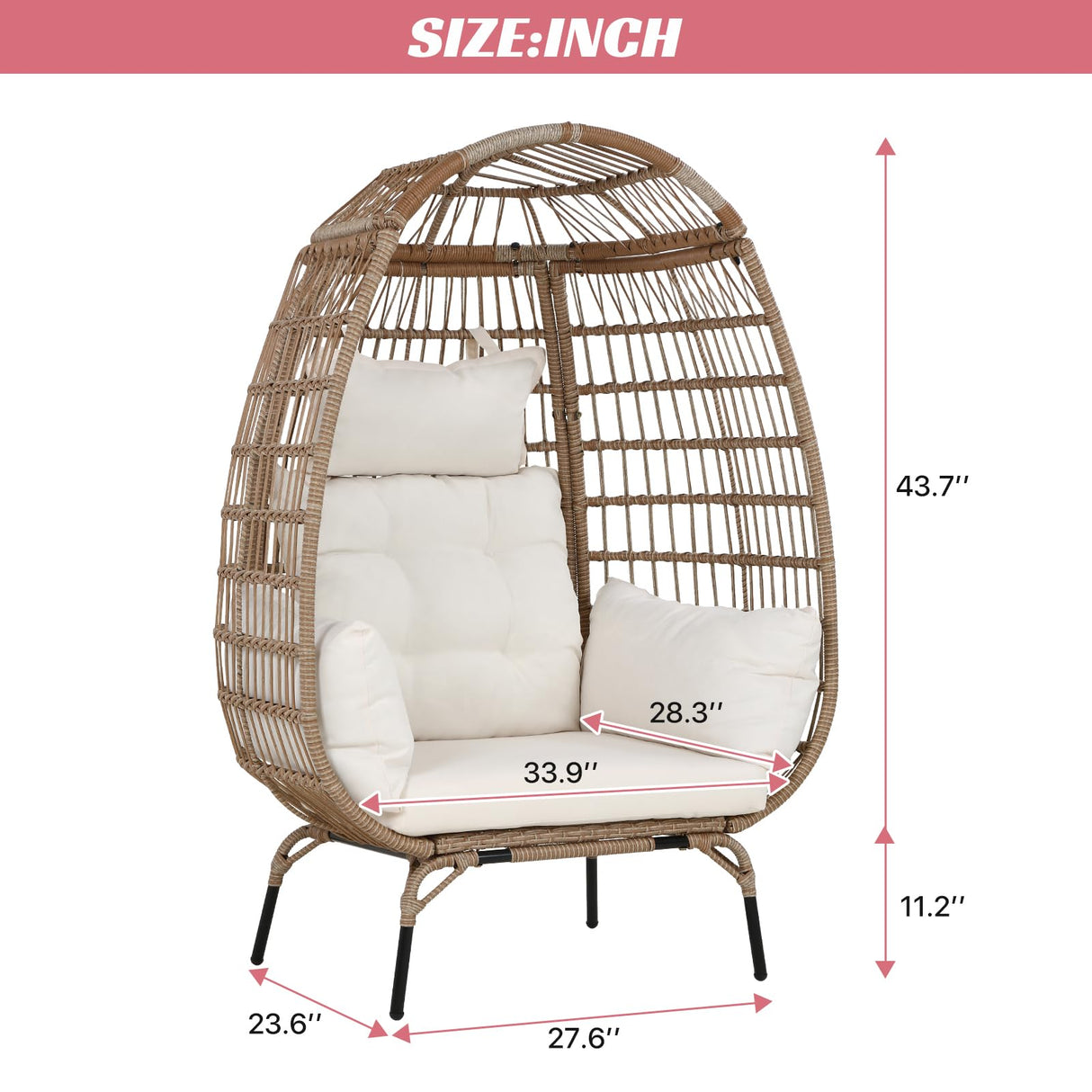 Dkelincs Wicker Egg Chair Indoor Outdoor Lounge Chair Patio Reading Chair Oversized Rattan Egg Chair for Patio, Backyard, Garden, Living Room w/ 4 Cushions Steel Frame, 352lb Capacity(White) Dkelincs