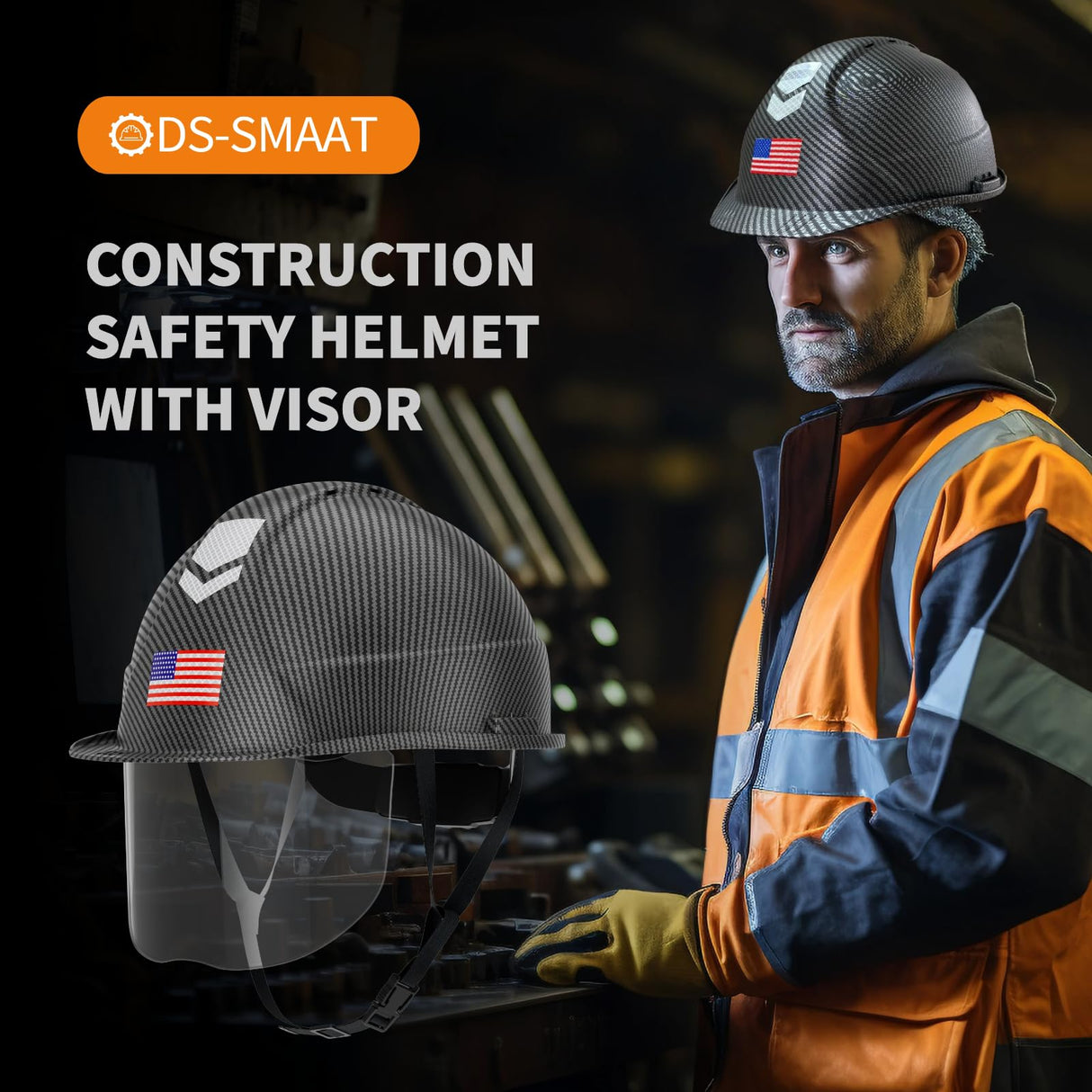 DS-SMAAT Hi-Viz Reflective Safety Hard Hat with Visor,Vented Protection Construction Hard Hat,4-Point Ratchet Suspension ABS Helmet with Glass for Industry Use, ANSI Z89.1&OSHA Approved Safety Helmet DS-SMAAT
