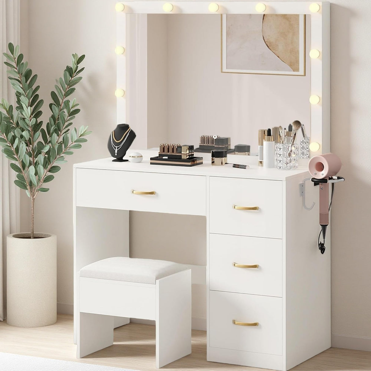 DWVO Makeup Vanity Desk with LED Mirror & 3 Brightness Levels, Makeup Table with 4 Drawers, Power Outlets, Hairdryer Holder & Cushion Stool for Dressing Room DWVO