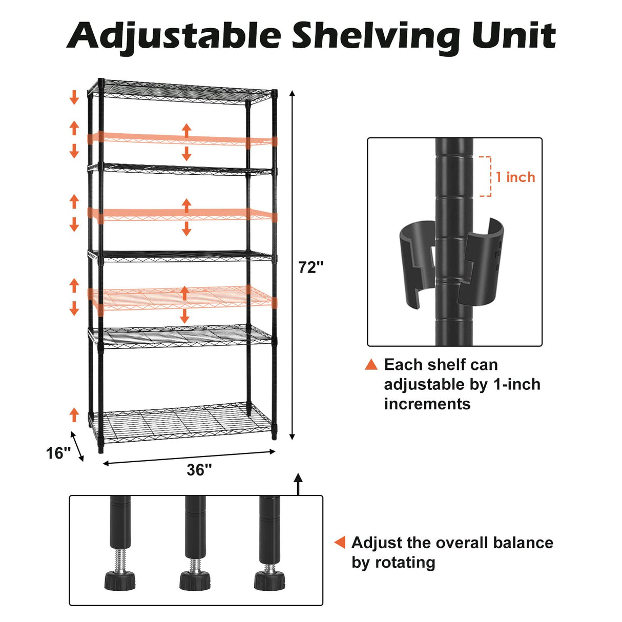 WDT 5 Tier Shelf Shelving Unit with Wheels,Adjustable Metal Shelves for Storage, NSF Wire Shelving Rack,350lbs Loading Capacity Per Shelf Storage Shelves for Kitchen Garage, 36" D x 16" W x 75" H WDT