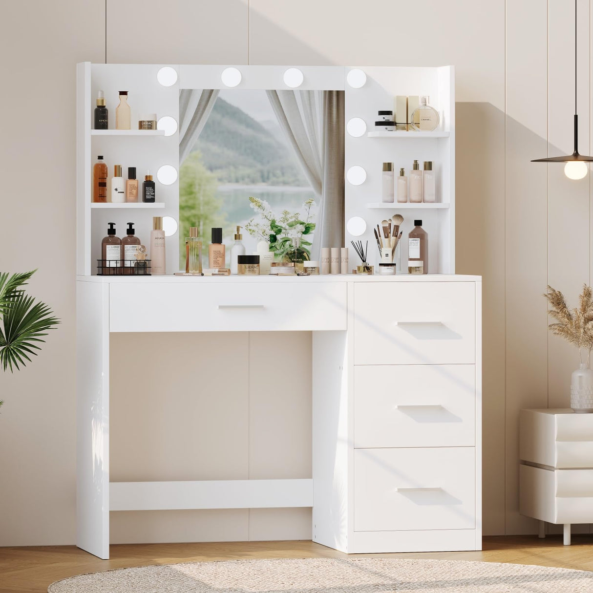 Irontar Vanity Desk, Makeup Vanity with 10 LED Lights & 4 Drawers, Brightness Adjustable, Dressing Table Desk with 6 Open Storage, Vanity Table for Women, White WDT003W Irontar