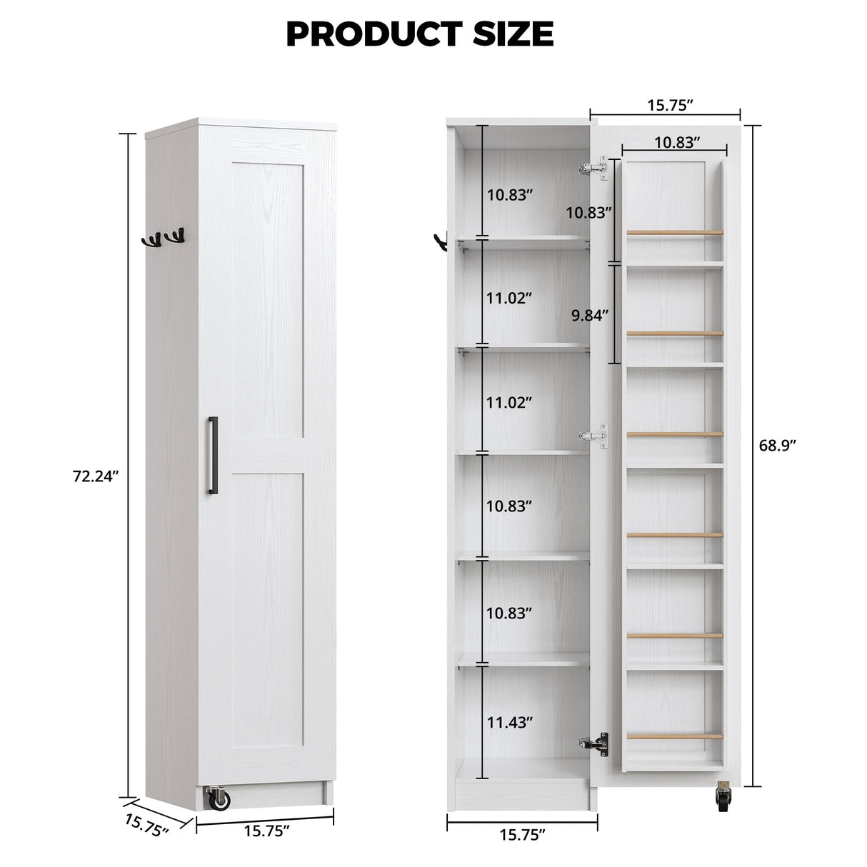 IRONCK Narrow Kitchen Pantry Storage Cabinet, 72" Slim Single Door with 6 Adjustable Shelves, Door Rack and Wheels, Space Saving Freestanding Storage Floor Cabinet for Small Place, White IRONCK