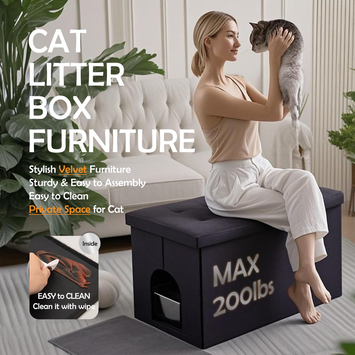 MEEXPAWS Cat Litter Box Enclosure Furniture Hidden Extra Large, Lift Design Lid Velvet Cat Washroom Bench Storage Cabinet | 35.4x19.7x19.7 in | Dog Proof|Urine Proof Inside|Quick Assembly| Easy Clean MEEXPAWS