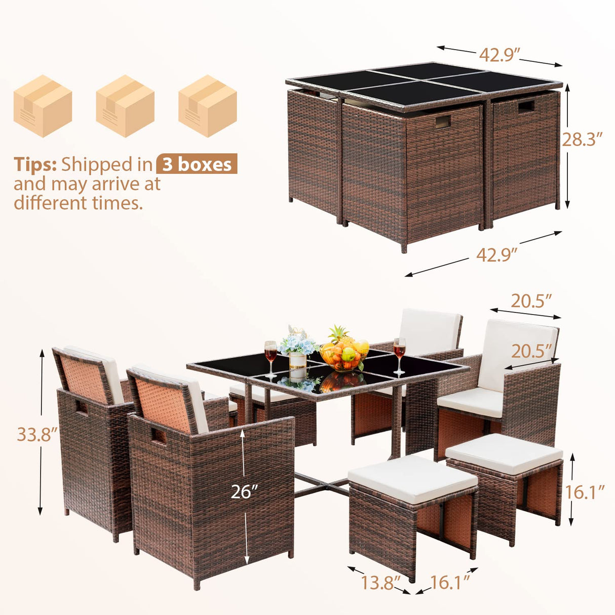 Homall 9 Pieces Dining Outdoor Furniture Patio Wicker Rattan Chairs and Tempered Glass Table Sectional Conversation Set Cushioned with Ottoman (Brown) Homall