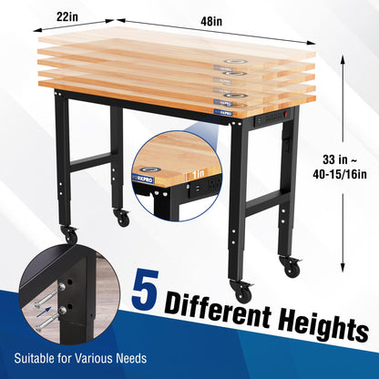 WORKPRO Garage Workbench, 48"X22" Adjustable Workbench with Wheels, Rubber Wood Top Heavy-Duty Workstation with Power Outlets, 1000 LBS Stationary Load Capacity, for Workshop, Garage, Office, - WoodArtSupply