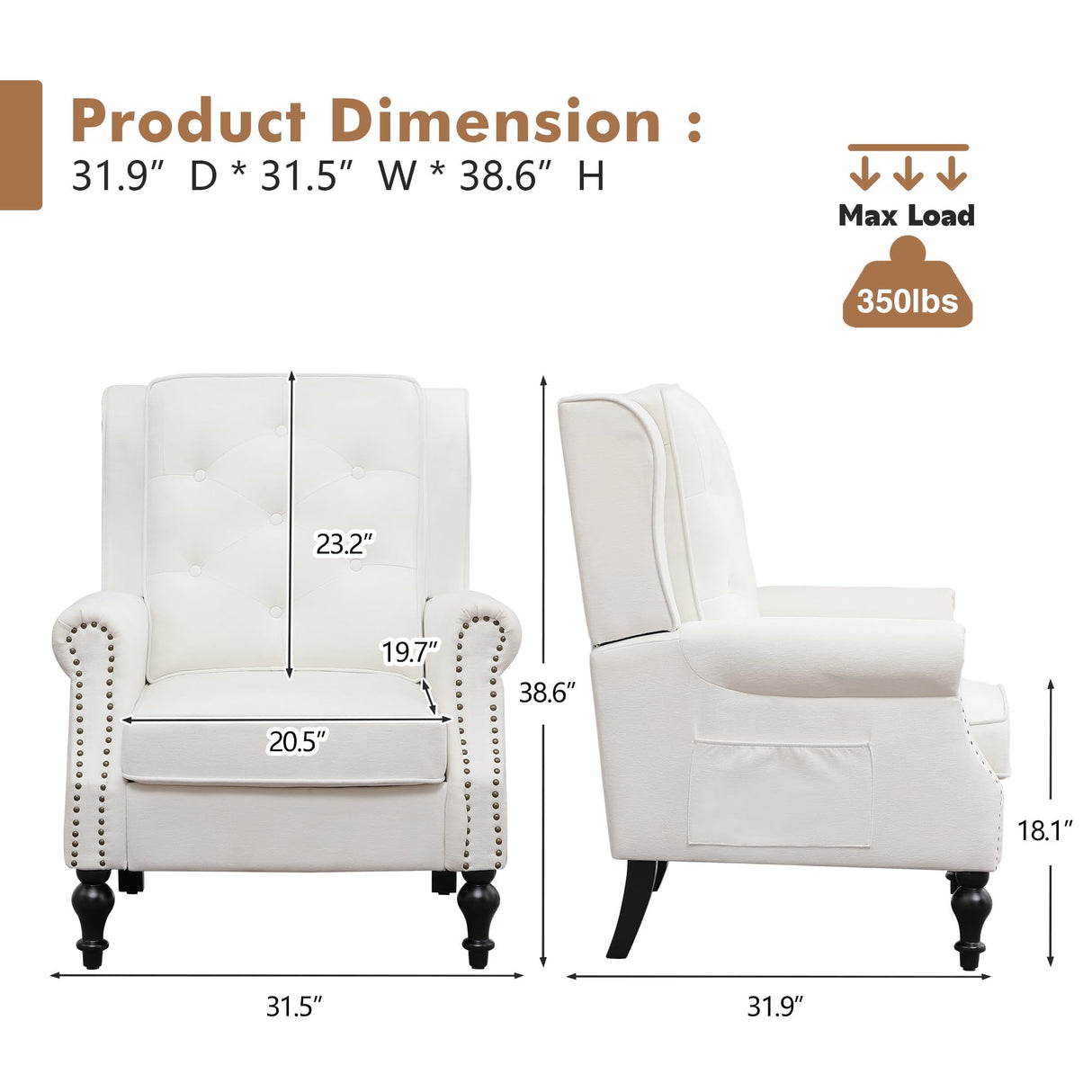 Modern Accent Chair Set of 2, Wingback Living Room Chairs with High Back, Accent Upholstered Armchair with Vintage Legs, Comfy Sofa Chair Accent Chairs Set for Bedroom Home Office Reading White choairy