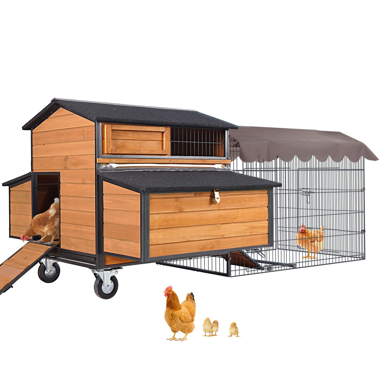 Chicken Coop Large Wooden Chicken Tractor for 6–8 Chickens, Outdoor Hen House with Metal Run Poultry Cage-Upgraded All Metal Frame Suumerpety