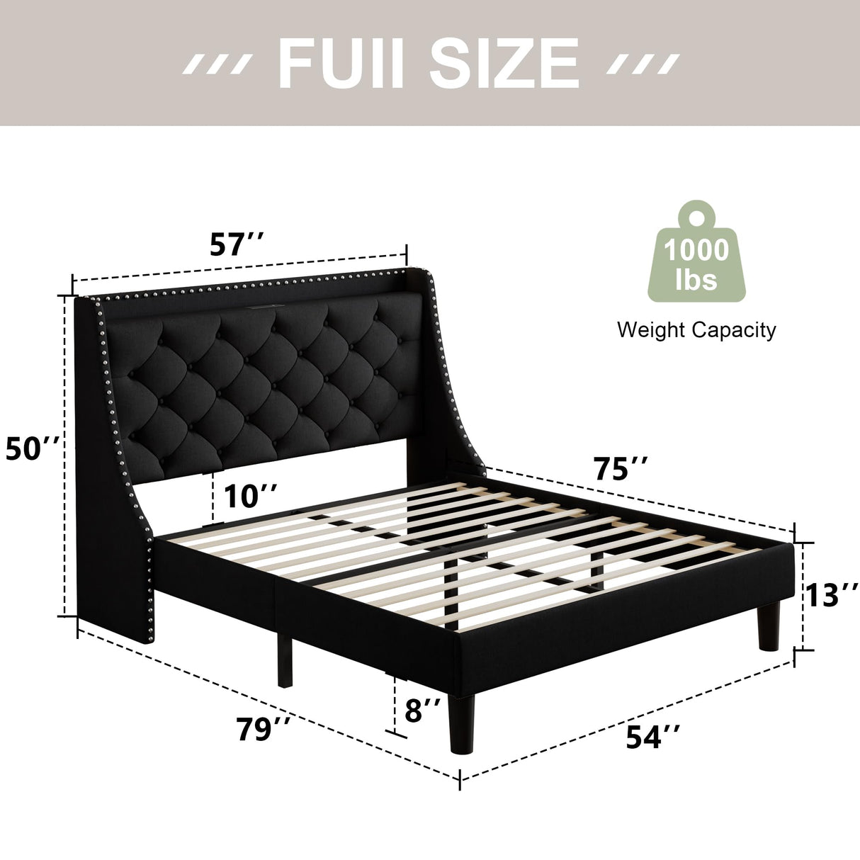 Feonase Full Size Bed Frame with Luxury Wingback and Fast Charging Station,Full Upholstered Button Tufted Storage Headboard Platform Bed,Sturdy Wooden Slats Support,Noise-Free,Easy Assembly,Black Feonase
