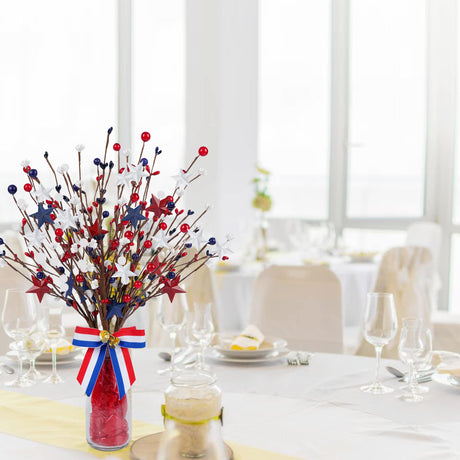Shitailu 4 Pack Patriotic Artificial Berry Stem Picks White Blue Red Stars for 4th of July Independence Day, Pentagram Faux Berry Branches Decoration for Home Office Restaurant Vase Décor Shitailu