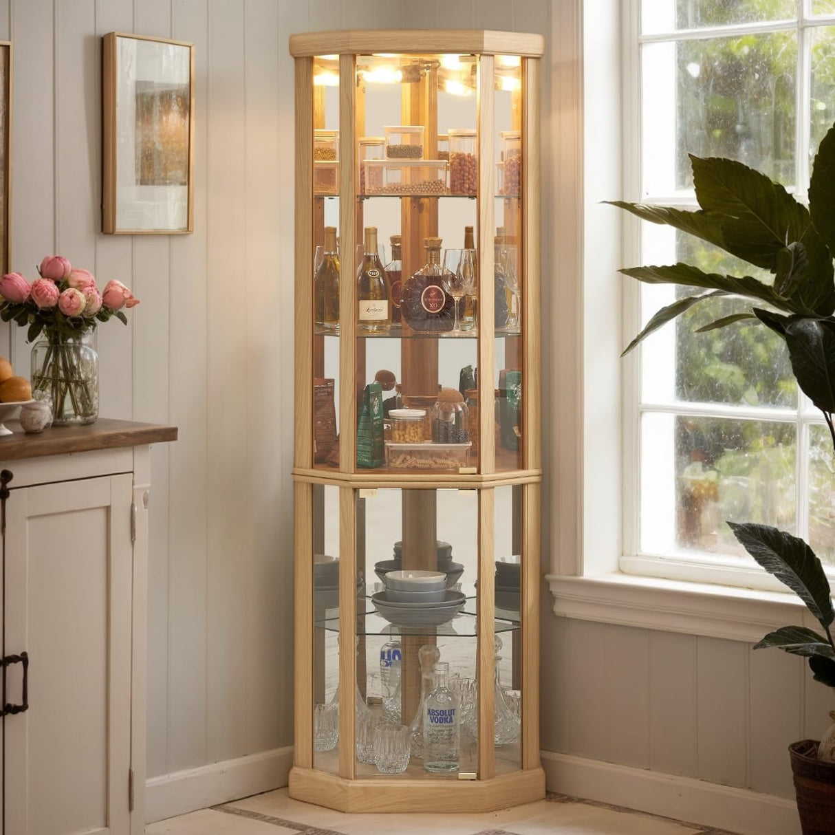 CKEASEAN Corner Curio Cabinet, 70" H Lighted Glass Display Cage with Tempered Glass Doors and 5 Adjustable Shelves, Light Bulb Inclued, Wine Bar China Cabinet for Living Room (Light Oak) CKEASEAN