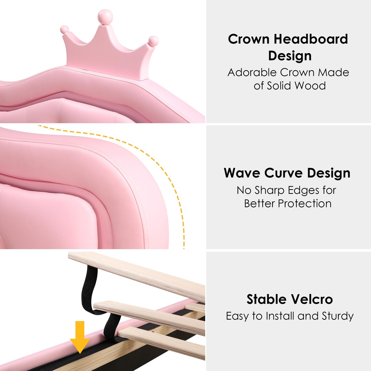 Keyluv Queen Upholstered LED Bed Frame with Storage Drawer, Leather Princess Platform Bed with Adjustable Crystal Button Tufted Crown Headboard, Solid Wooden Slats Support, No Box Spring Needed, Pink
