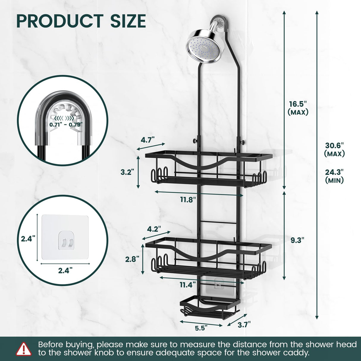 Shower Caddy Hanging Adjustable Shower Caddy, Rustproof Shower Organizer Extended Length Shower Caddy Over Shower Head with Hooks Soap Holder, Large Capacity Anti-Swing Bathroom Organizer, Black REINHARDT