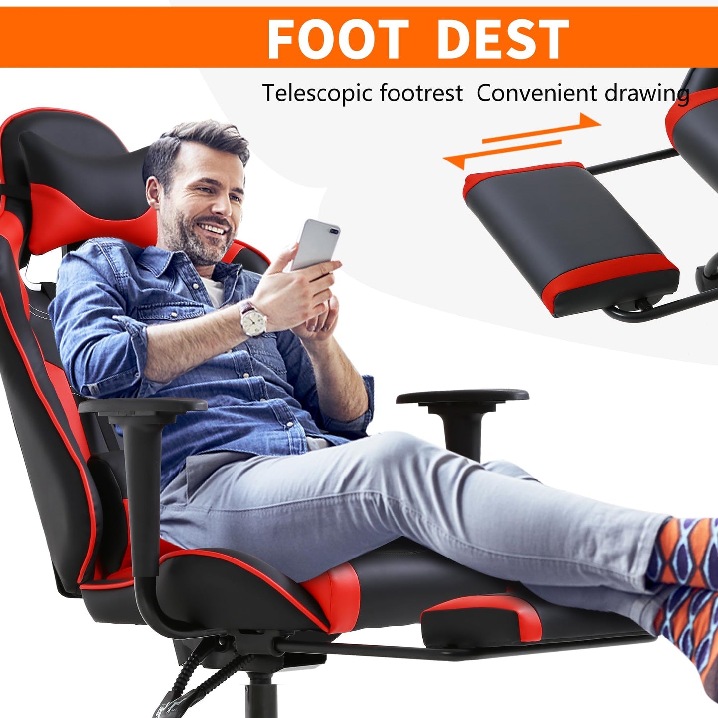 Gaming Chair, High Back PU Leather Gaming Chairs Computer Chair with Headrest & Lumbar Support, Height Adjustable Wide Seat Gamer Chair Gaming Chairs for Adults, Game Chair with Footrest & Armrest