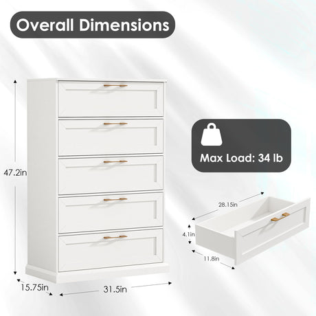 Zamildon's 5 Drawer Dresser, 47" Tall Dressers for Bedroom with Anti-Tip Device, White Modern Storage Closet with Handle for Hallway,Entryway Zamildon's