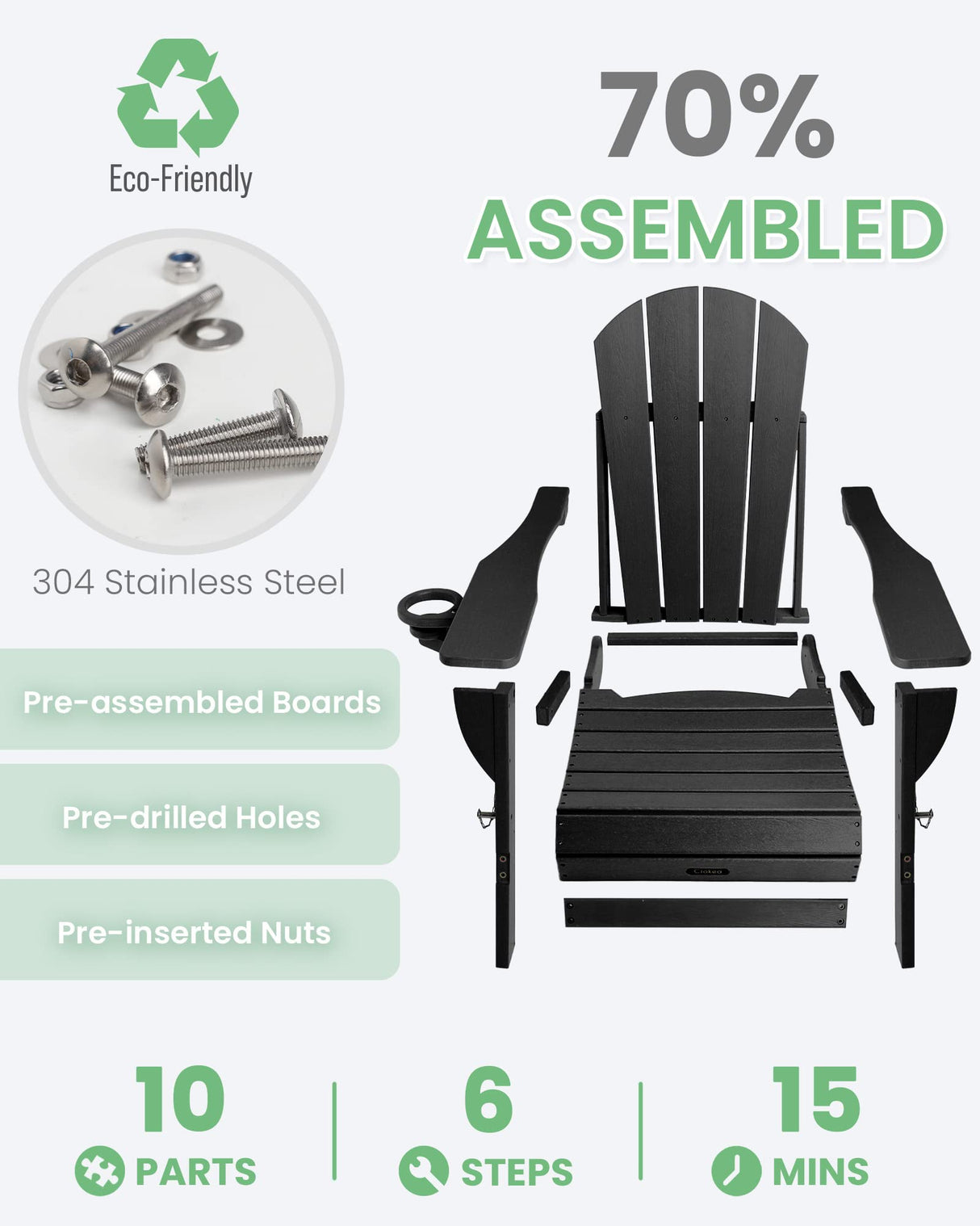 Ciokea Folding Adirondack Chair Wood Texture for Patio, Weather Resistant, Plastic Fire Pit Chair with Cup Holder, Lawn Chair for Outdoor Porch Garden Backyard Deck (Black) Ciokea