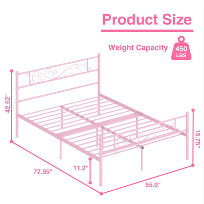 Weehom Full Size Bed Frames with Headboard, Heavy Duty Metal Platform Bed Strong Metal Slats Support,Easy Assembly Pink