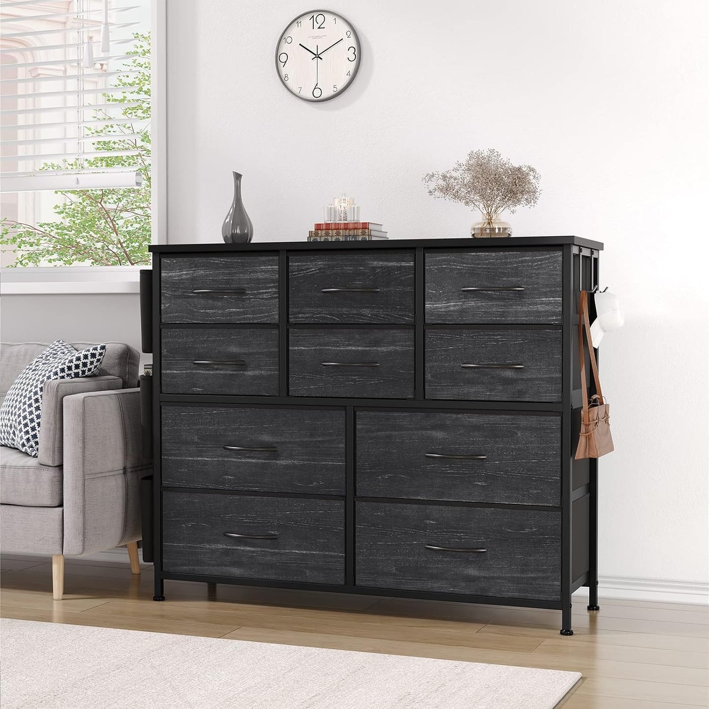 Jojoka Dresser for Bedroom with 10 Drawers, Dressers & Chest of Drawers, Fabric Storage Drawer with Side Pockets for Kids Room, Closet, Hallway, Entryway, Living Room (Black) - WoodArtSupply