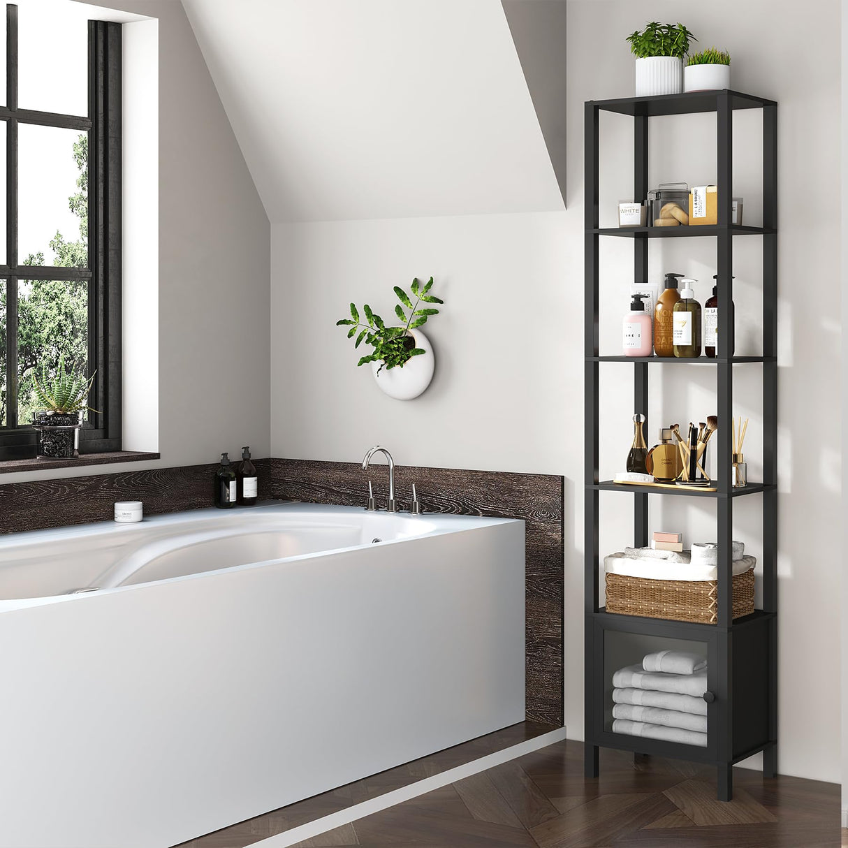 TUTOTAK 6 Tier Bookcase and Bookshelf, Narrow Book Shelf with Door for Small Space, for Living Room, Office, Study, Entryway, Black BS03BK006 TUTOTAK