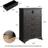 IRONCK 5 Drawer Dresser for Bedroom, Farmhouse Chest of Drawers with Charging Station, Vintage Drawer with Natural Texture, 47.8" Tall Dresser for Living Room, Hallway, Charcoal IRONCK