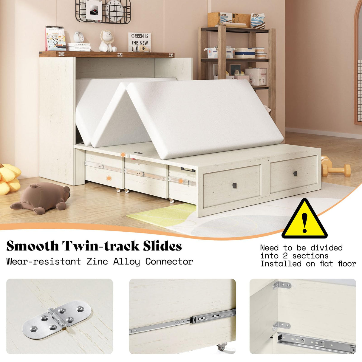 AMERLIFE Full Murphy Bed with Storage & Charging Station, Farmhouse Murphy Cabinet with Foldable Panel, Noisy Free, for Guest Bedroom, Living Room, Office, Distressed White & Barnwood AMERLIFE