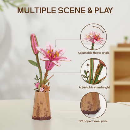 ROBOTIME 3D Puzzle Wooden Flower Pink Lily DIY Model Kit to Build for Adults Artifical Bouquet Collection Craft Brain Teaser Puzzle Creative Gift Home Decor