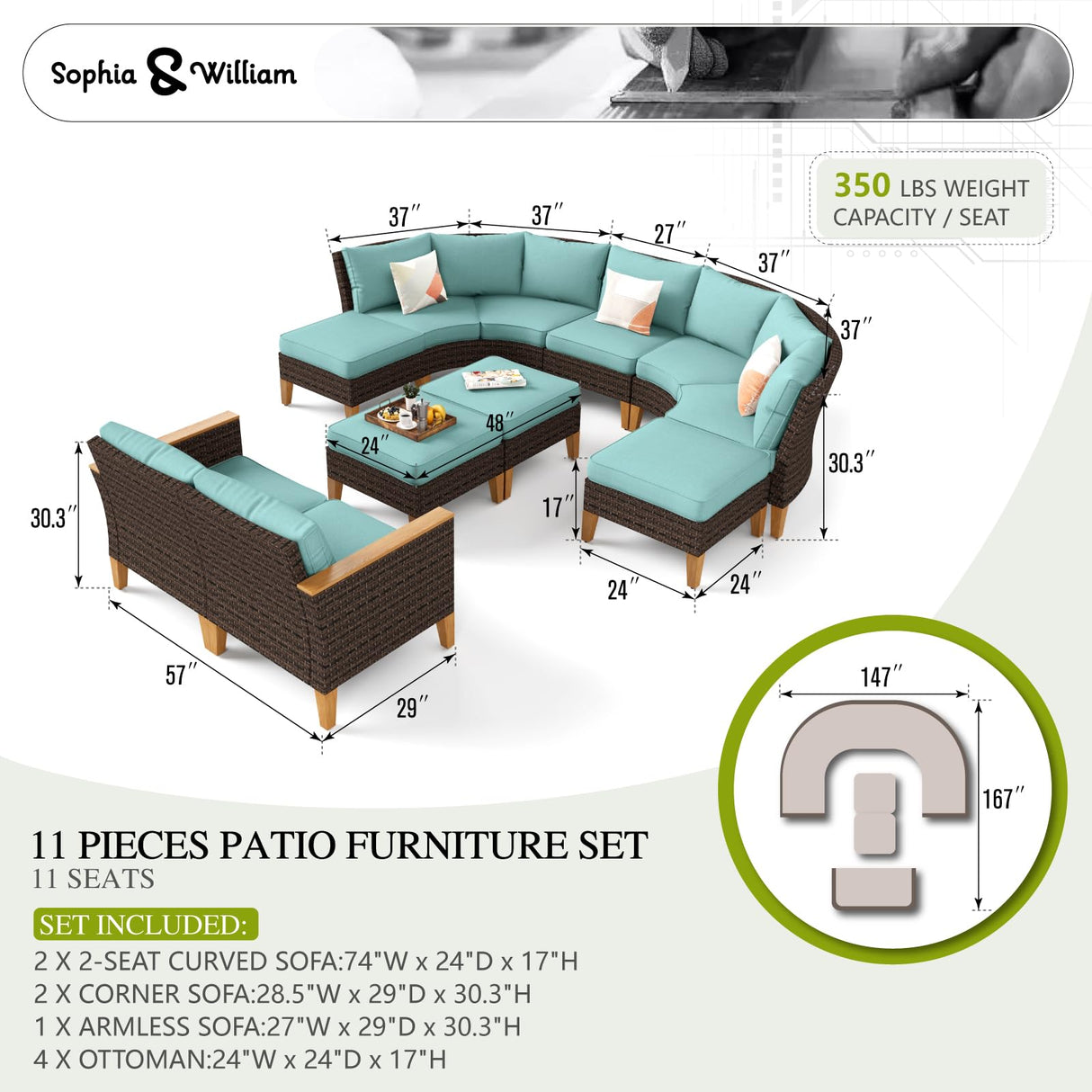 Sophia & William Outdoor Wicker Sectional Sofa Set, 11 Piece Half Moon Curved Patio Furniture Modern Round Outdoor Couch Conversation Set with Ottoman for Backyard, Deck, Garden(Aqua Blue) Sophia & William