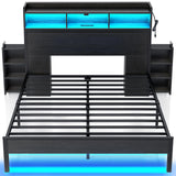 Rolanstar Bed Frame Full Size with Bookcase Storage Headboard, Slide Out Bedside Storage, Bed with Charging Station & LED Lights, Heavy Duty Metal Slats, No Box Spring Needed, Noise Free, Black Rolanstar
