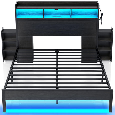 Rolanstar Bed Frame Full Size with Bookcase Storage Headboard, Slide Out Bedside Storage, Bed with Charging Station & LED Lights, Heavy Duty Metal Slats, No Box Spring Needed, Noise Free, Black Rolanstar
