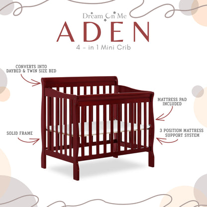 Dream On Me Aden 4-in-1 Convertible Mini Crib In Cherry, Greenguard Gold Certified, Non-Toxic Finish, New Zealand Pinewood, With 3 Mattress Height Settings - WoodArtSupply