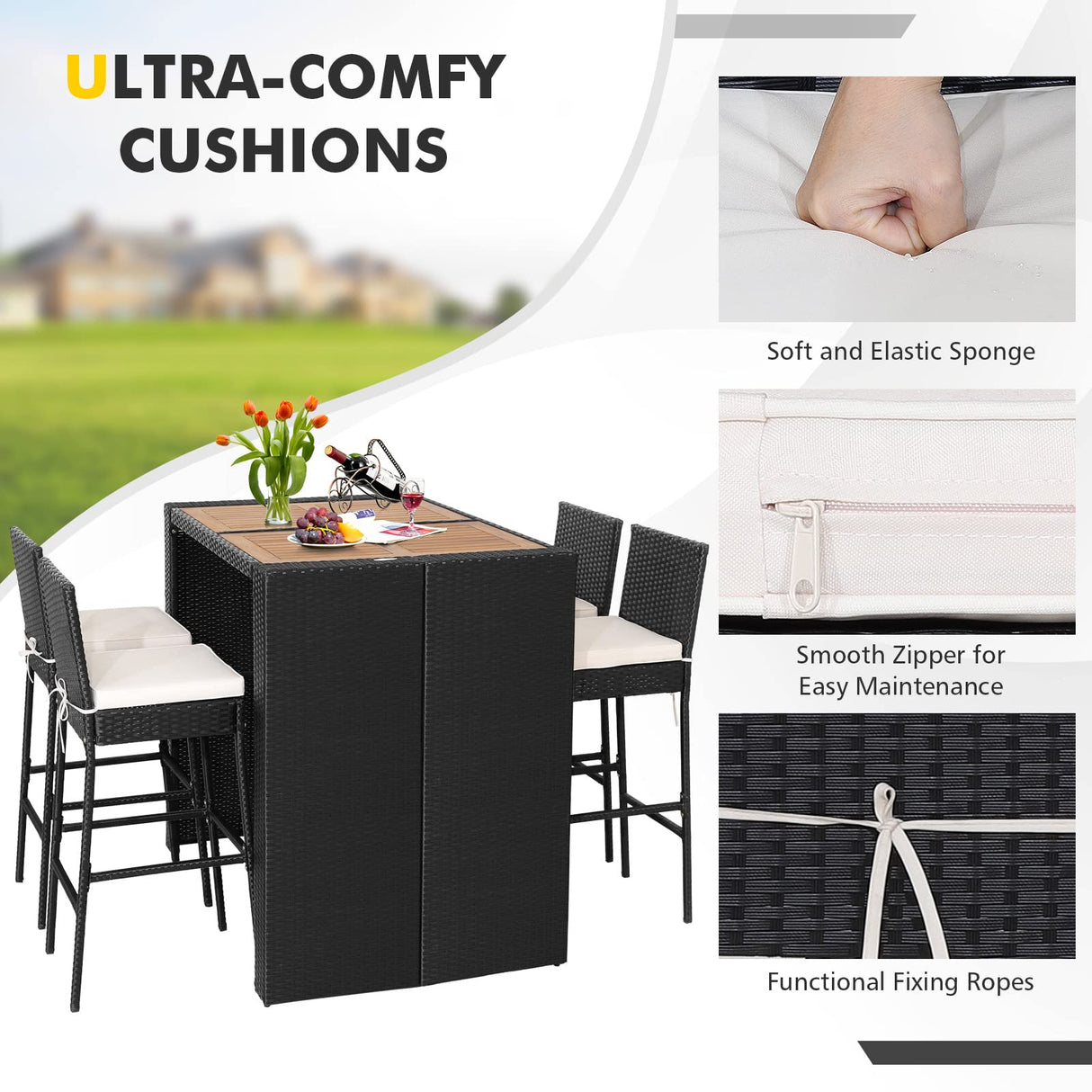 HAPPYGRILL 5 Pieces Rattan Outdoor Bar Set with Height Table & 4 Cushioned Bar Stools, Patio Bar Set Wicker Dining Set for Poolside Patio Backyard HAPPYGRILL