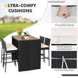 HAPPYGRILL 5 Pieces Rattan Outdoor Bar Set with Height Table & 4 Cushioned Bar Stools, Patio Bar Set Wicker Dining Set for Poolside Patio Backyard HAPPYGRILL