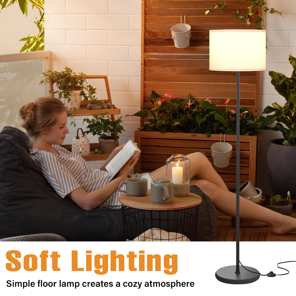 Modern Floor Lamp Simple Design with White Shade, Foot Pedal Switch, 60" Small Tall Lamps for Living Room Bedroom Office Dining Room Kitchen, Black Pole Lamp(Without Bulb) Ambimall